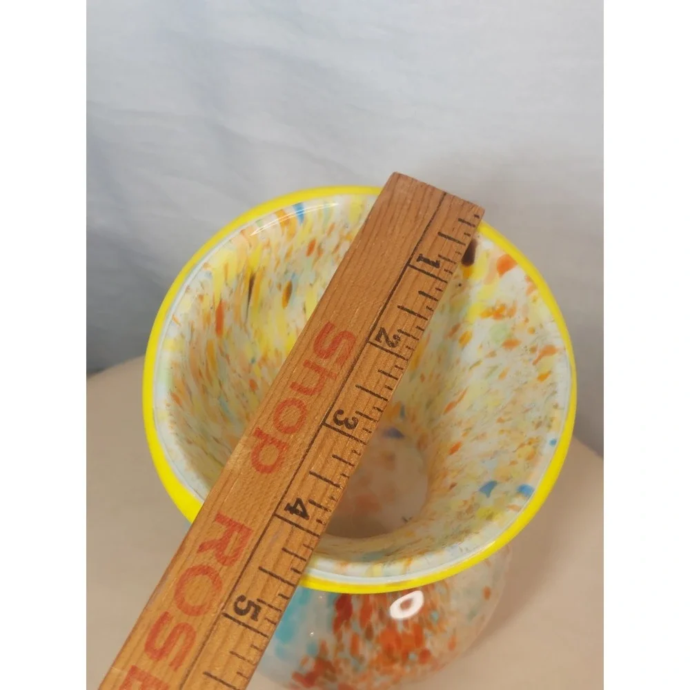 Hand Blown Studio Art Glass Vase Confetti Interior Turquoise Yellow Rim Modern